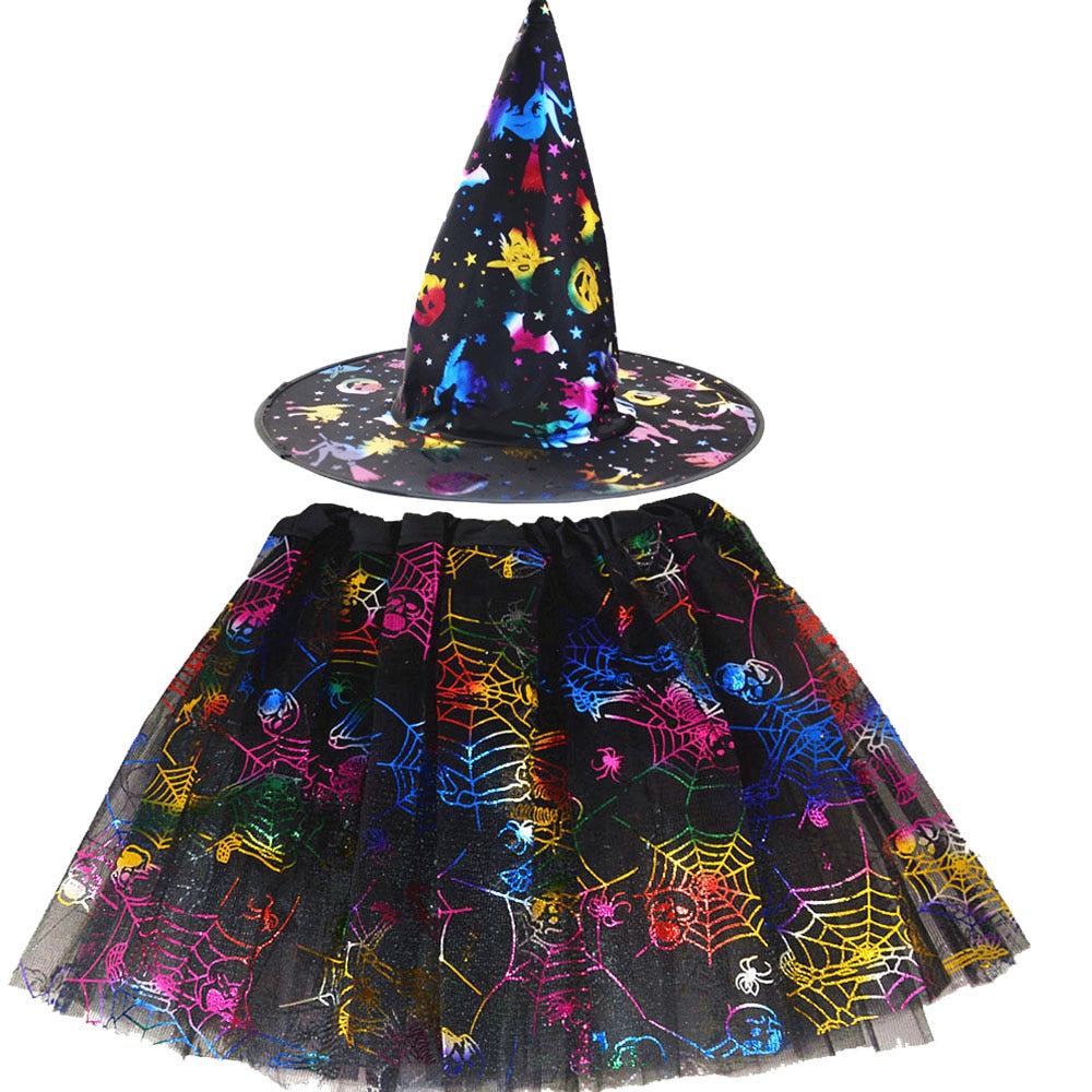 Halloween Costume for Kids Girls Spider Web Tutu Cobweb Skirt Witch Wizard Hat Tulle Carnival Birthday Party Outfits Festival