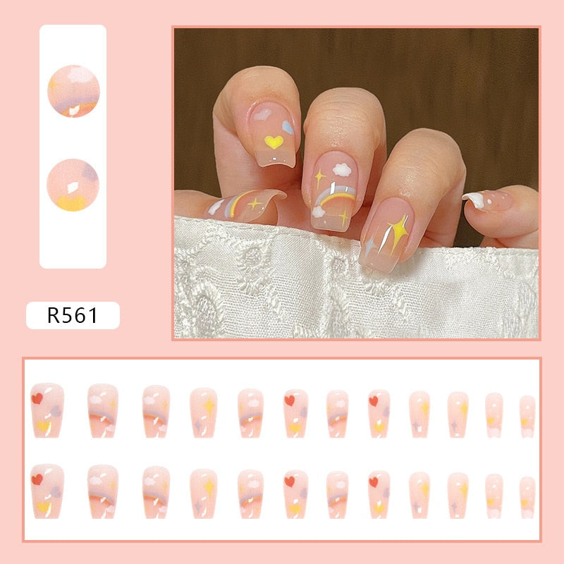 24Pcs/Set Short False Press on Nail Tip with Glue Designs Detachable Reusable Fake Nails with Glue Stick-on Nail Art DIY Tips