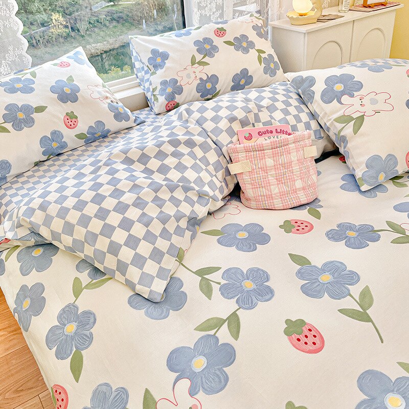 Flowering Plant Print Queen Bedding Set Cotton Soft Comfortable Duvet Cover Set with Sheets Skin Friendly Comforter Bedding Sets