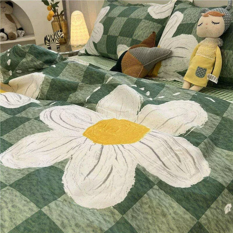 Ins Cartoon Sheep Flowers Bedding Set Duvet Cover Soft Queen King Size Flat Bed Sheet Quilt Cover Pillowcase Kawaii