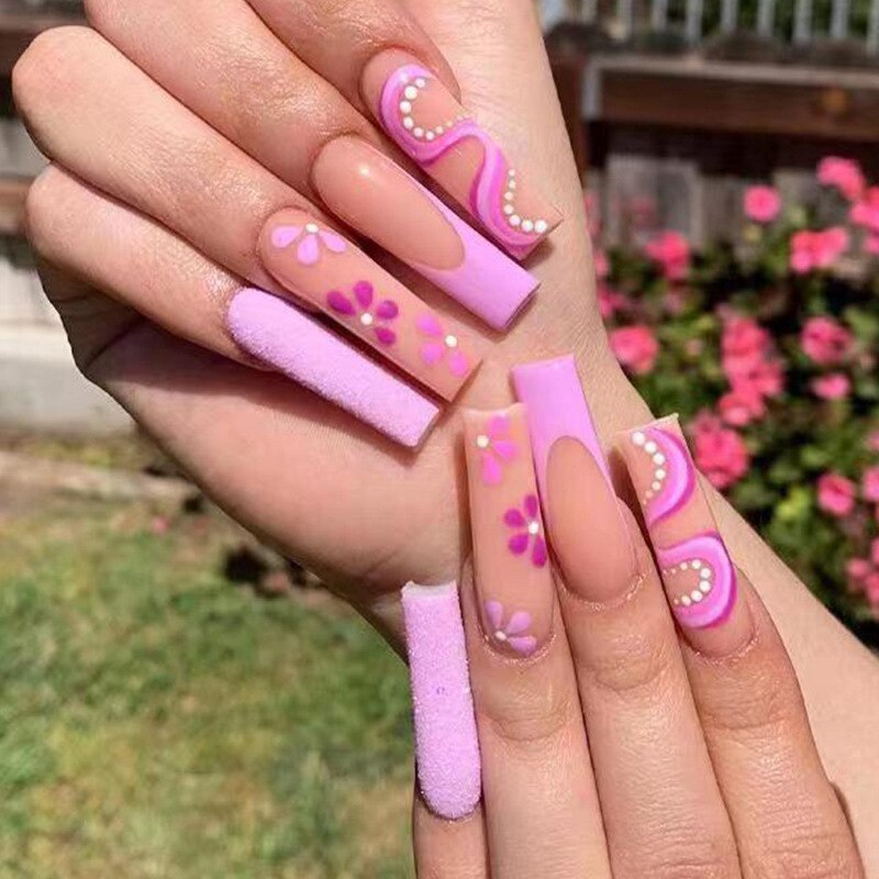 24Pcs Flower Design False Nails with Rhinestones Glitter Long Ballet Fake Nails Wearable Coffin Nail Tips Press on Nails