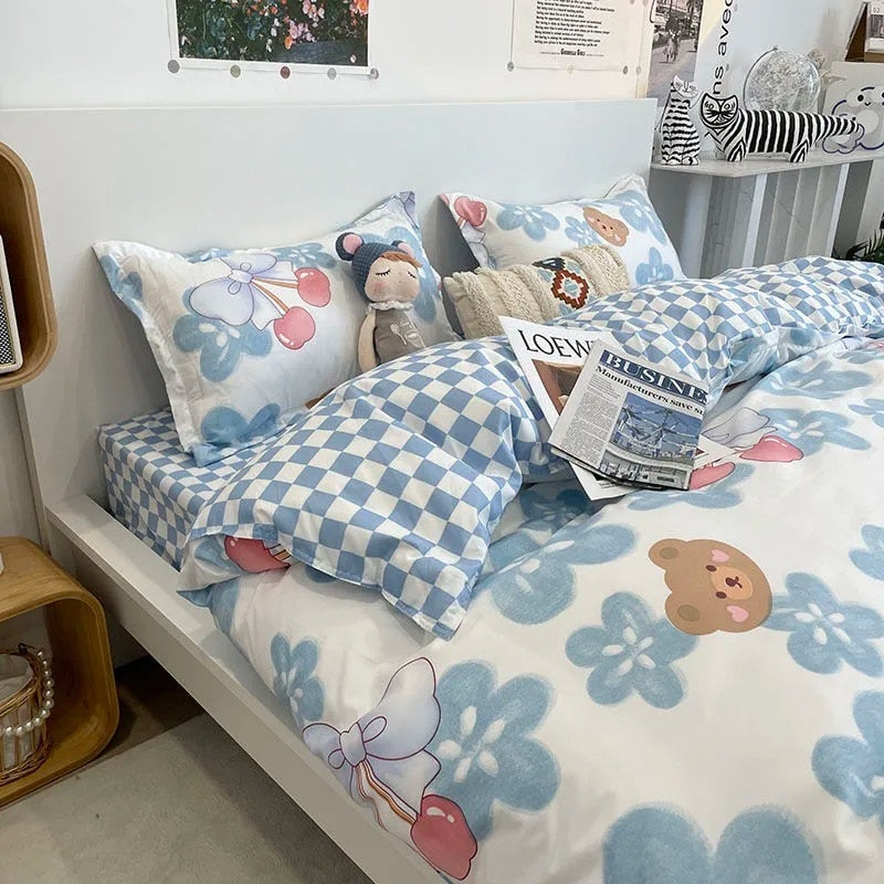 Rabbit Bedding Set Cute Sweetheart Spring Soft Flat Sheet Duvet Cover Pillowcase Single Double Queen Size Bed Linen