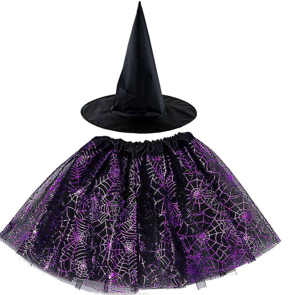 Halloween Costume for Kids Girls Spider Web Tutu Cobweb Skirt Witch Wizard Hat Tulle Carnival Birthday Party Outfits Festival