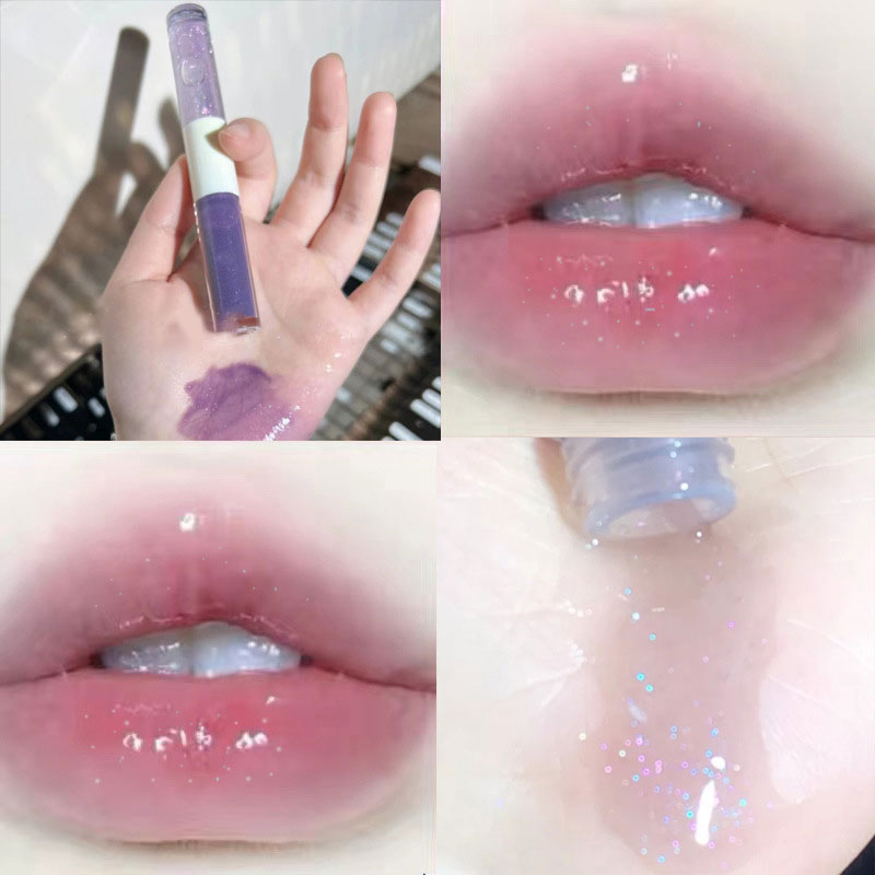 Purple Glitter Water Light Lip Gloss Long-lasting Double-end Lip Glaze Mirror Liquid Lipstick Not Fade Lip Tint Korean Cosmetic