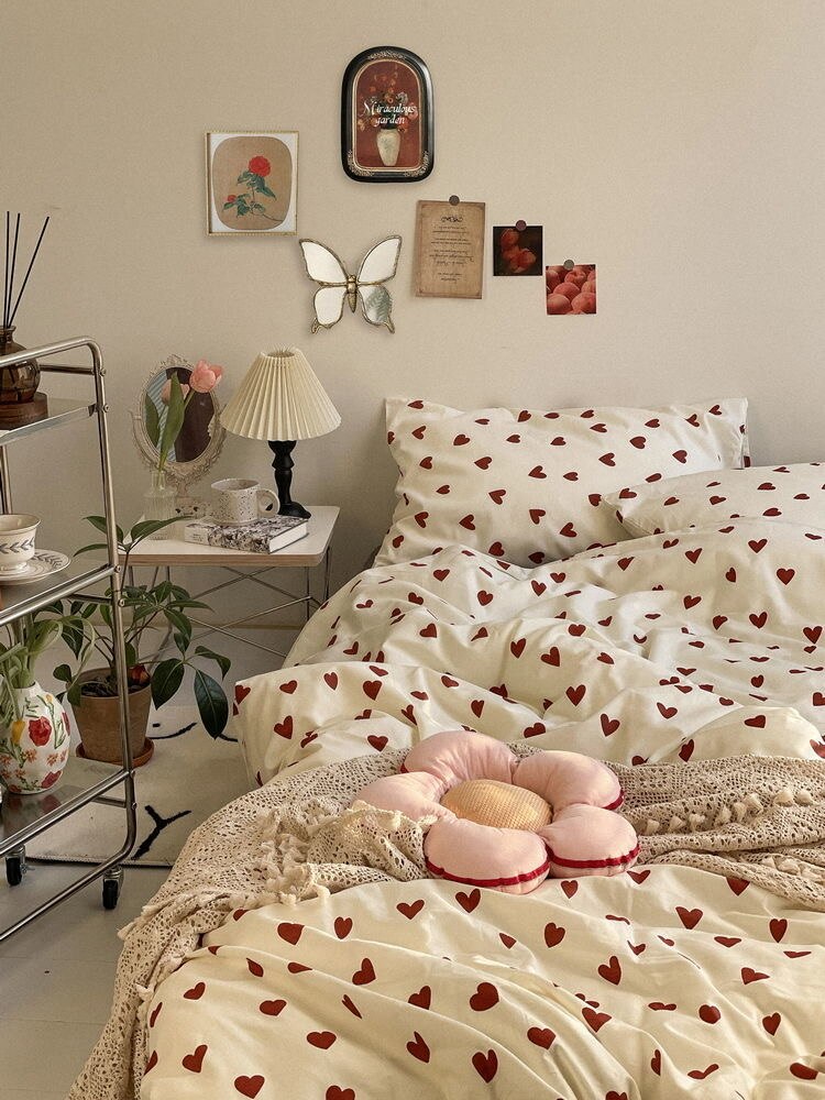 NEW Red Love Patter  100% Cotton Girl's HomeTextile Duvet Cover and Bedsheet Quilt Cover Soft Luxury Bedding Set Ins Fashion