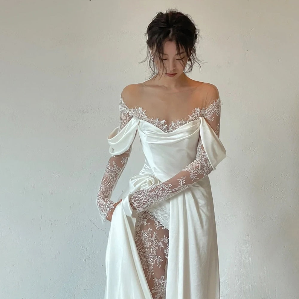 Oklulu Off Shoulder Lace Wedding Gowns Big Size Custom Made A Line Long Sleeves Ruched Satin High Slit Bridal Dress