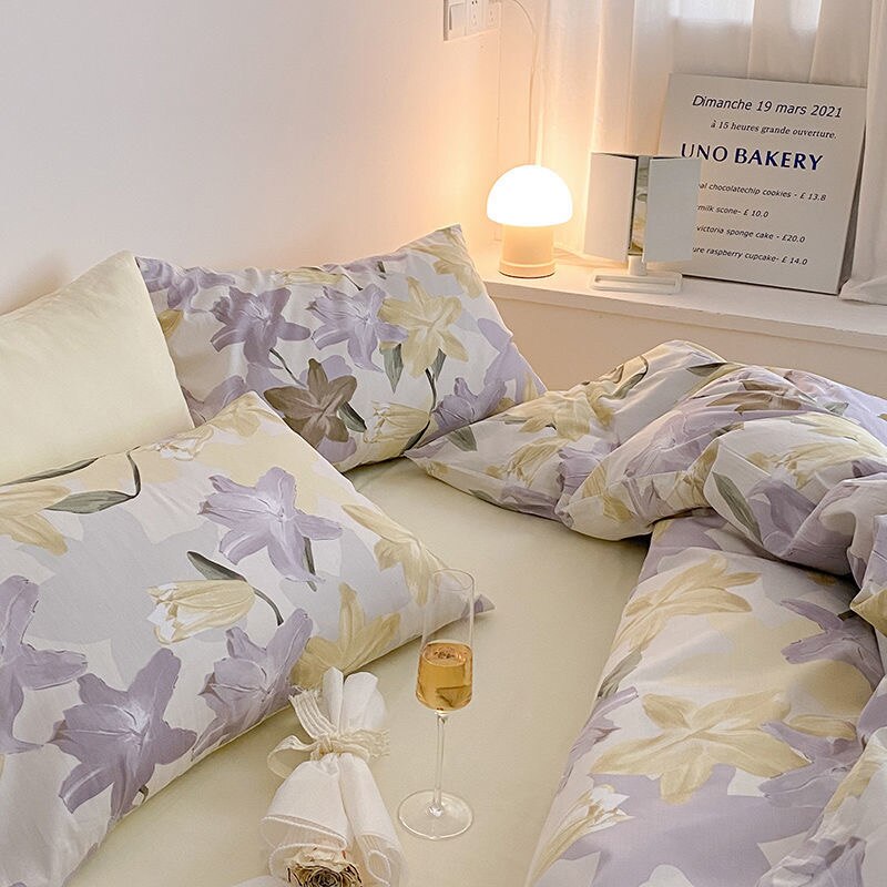 100% Cotton Lily Flower-covered Duvet Cover Single/Queen/King Size HomeTextile Bedsheet Quilt Cover Soft Luxury Bedding Set