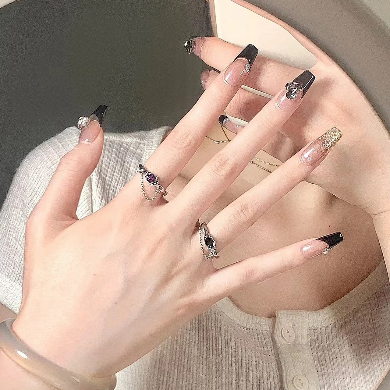 （Handmade Manicures)10 PCS Classic Black French Flash Diamond Advanced Handmade Custom Gentle Versatile Show White Hot Girl