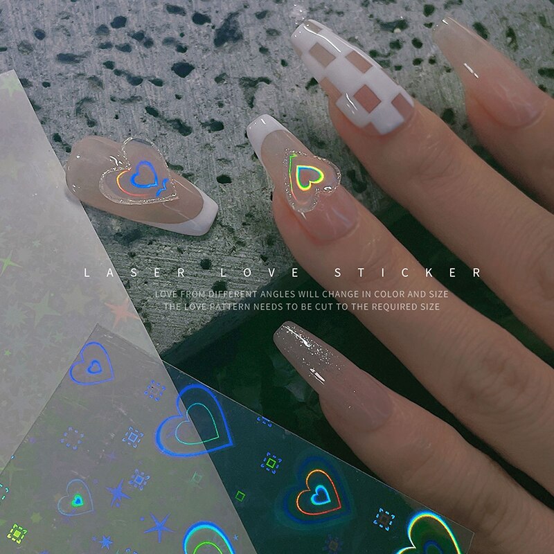 Dynamic Laser Heart Nail Art Sticker Aurora Shiny Gradient Love Star Pattern Glass Foil Film Adhesive Decals Nail Decoration 1PC