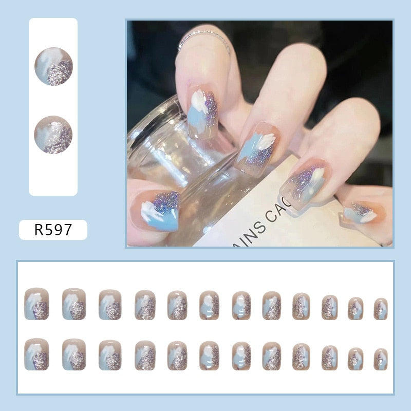 24Pcs/Set Short False Press on Nail Tip with Glue Designs Detachable Reusable Fake Nails with Glue Stick-on Nail Art DIY Tips