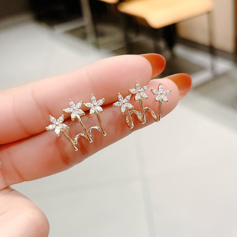 Korean Elegant Zircon Flower Stud Earrings for Women Girls Fashion Shell Small Flower Earring Boucle D'oreille Oorbellen Jewelry