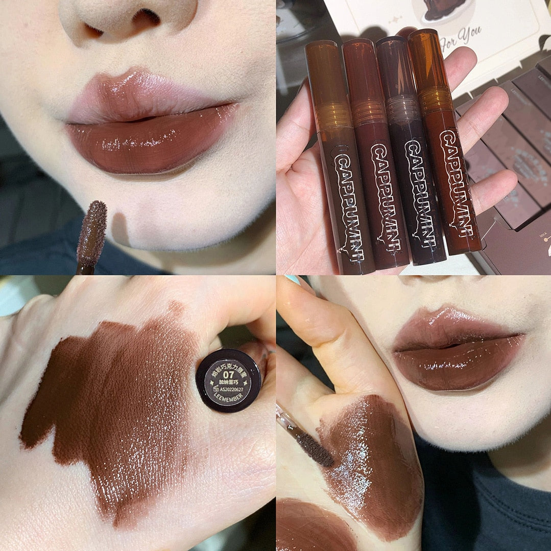 Punk Dark Brown Mirror Water Lip Gloss Red Lip Glaze Transparent Glass Lip Oil Waterproof Liquid Lipstick Nude Clear Tint Makeup