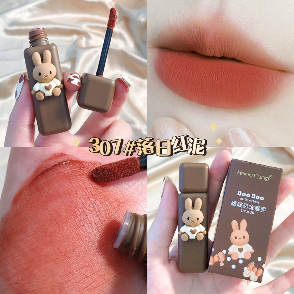 Cartoon Cute Sexy Red Matte Lip Gloss Velvet Liquid Lipstick Lasting Chestnut Mud Lip Mousse Non-stick Cup Lip Tint Clay Makeup