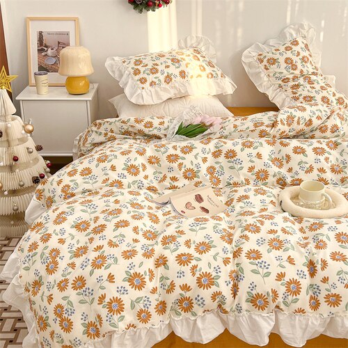 100% Cottom queen bedding set Romantic printed rose ruffle pink bedding set princess home textile linen bed sheet set twin size