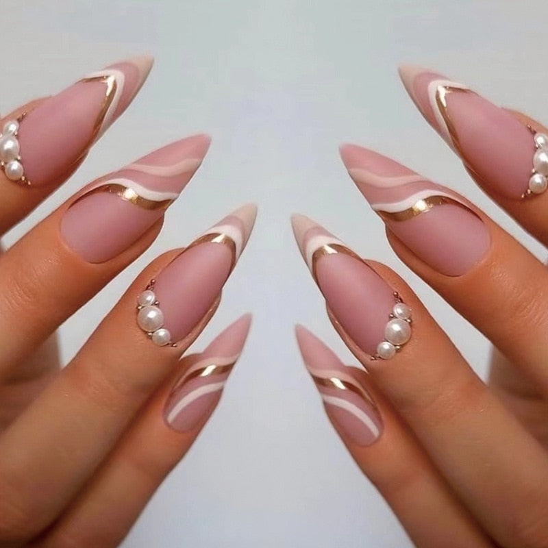 24Pcs False Nails With Glue Almond Pink Butterfly Design Detachable Rhinestones Acrylic Fake Nails long stiletto Press On Nails