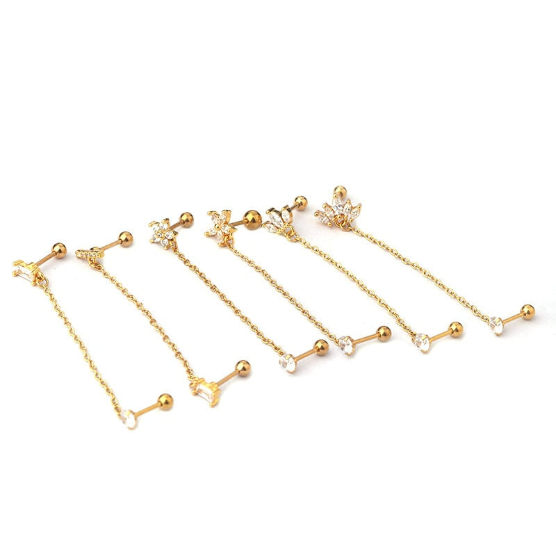 1PC Double Pierced Chain Tassel Stud Earrings for Women Ear Cartilage Tragus Piercing Jewelry Flower Zircon Screw Back Earrings