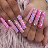 24Pcs Flower Design False Nails with Rhinestones Glitter Long Ballet Fake Nails Wearable Coffin Nail Tips Press on Nails