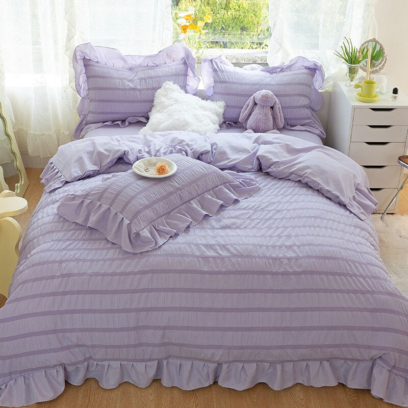 Purple Princess Bedding Set Luxury Solid Color Duvet Cover Pillowcase Linens Twin Queen King Bed Sheet Set Woman Girl Kawaii Set