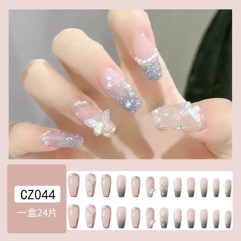 24pcs 2022 Ballet False Nail Full Cover Fake Nail Butterfly Love Nails Tip French Coffin Nails Press on Nails Free Shipping