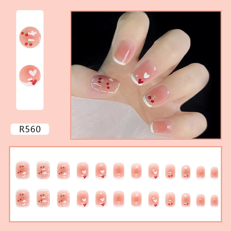 24Pcs/Set Short False Press on Nail Tip with Glue Designs Detachable Reusable Fake Nails with Glue Stick-on Nail Art DIY Tips