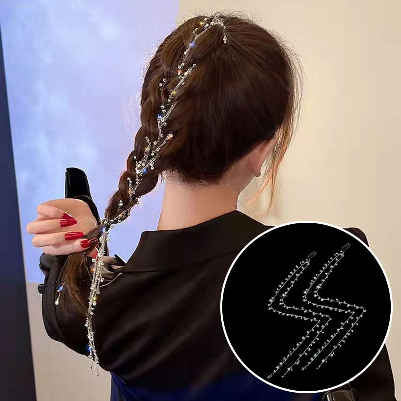 2021 New Flashing Diamond Chain Hairpin Braided Hair Headdress Tassel Hairpin High Sense Temperament Dirty Braided Hairband