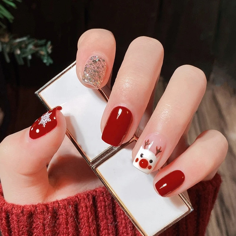 24pcs/Box Detachable Coffin False Nails Wearable French Ballerina   Christmas Fake Nails Full Cover Nail Tips Press On Nails