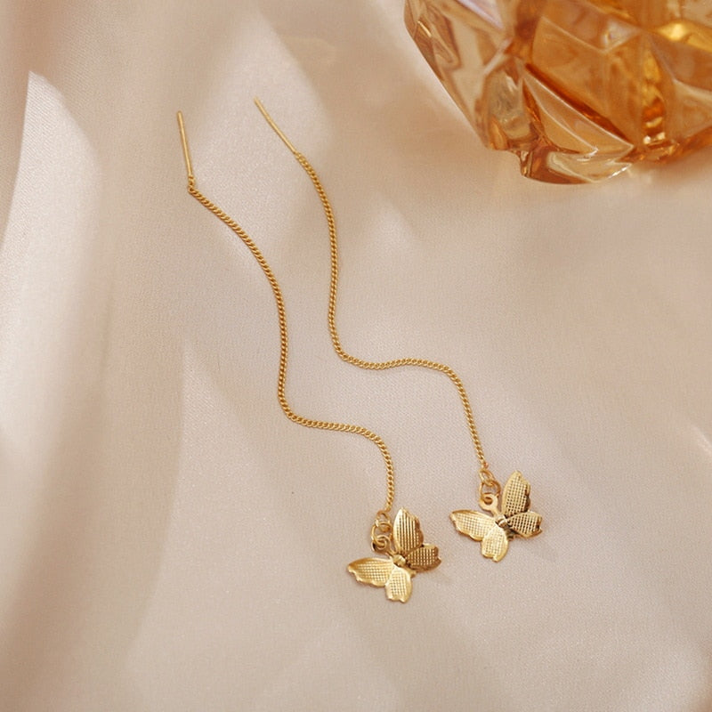 Korea Gold Color Flower Chain Tassel Drop Earrings For Women Bird Rabbit Leaf Airplane Long Piercing Line Earrings Party Jewelry