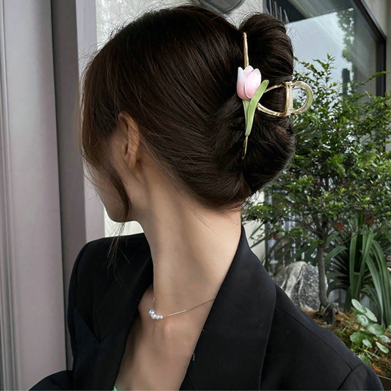 2022 Korean Fashion Pink 3D Tulip Hair Claws Women Girls Summer Shark Clip Hair Accessories Leaves Flowers Ponytail Gradient