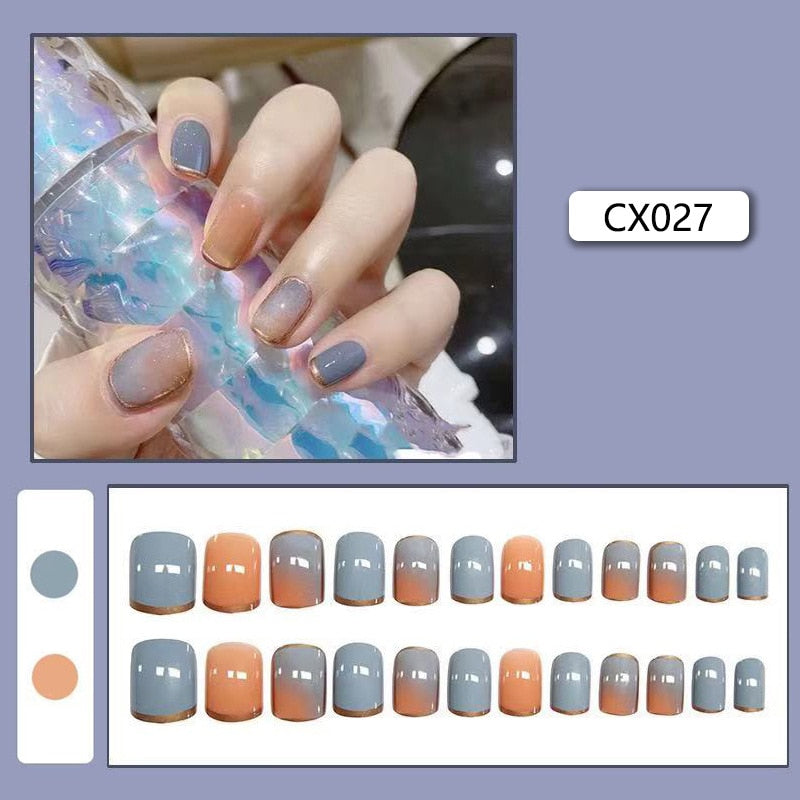 24pcs/box Fake Nails Press on Short Reusable with Designs Set French Artificial Pink kawaii False Tipsy Stick-on Nails Tips Art