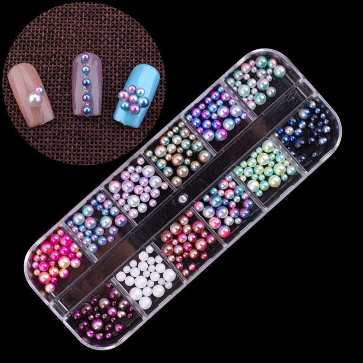 12 Grids Crystals Nail Rhinestones Metal Rivet Frame Pearl Mixed 3D Nail Art Decorations Studs Gold Silver Manicure Jewelry