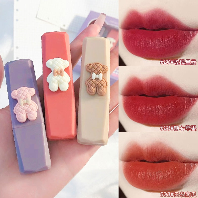 Cute Bear Matte Lipstick 3Pcs Makeup Set Smooth Long Lasting Velvet Pigmented Rich Color Lipstick Cosmetics For Women For Girls