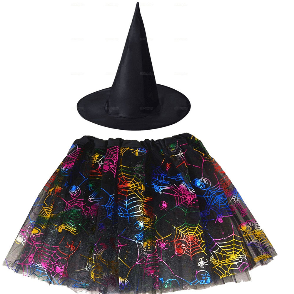 Halloween Costume for Kids Girls Spider Web Tutu Cobweb Skirt Witch Wizard Hat Tulle Carnival Birthday Party Outfits Festival