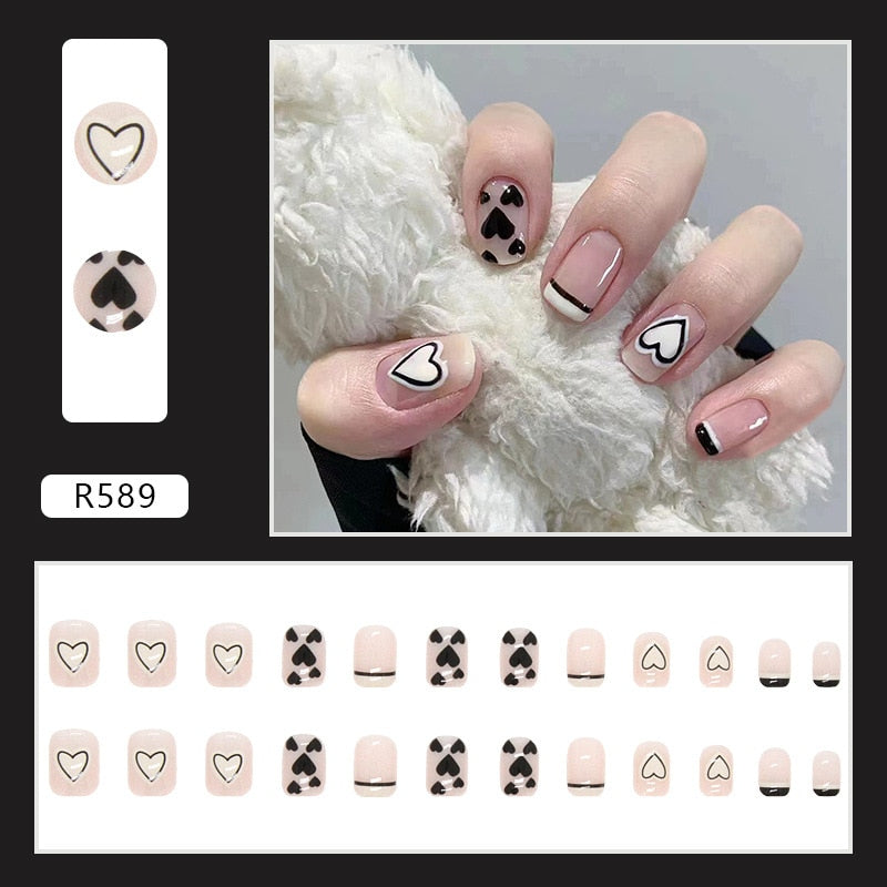 24Pcs/Set Short False Press on Nail Tip with Glue Designs Detachable Reusable Fake Nails with Glue Stick-on Nail Art DIY Tips