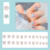 24Pcs Shiny Pink Short False Nails Detachable Press on Nails with Glue Acrylic Fake Nails Star Love Flower Pattern Nail Art Tips