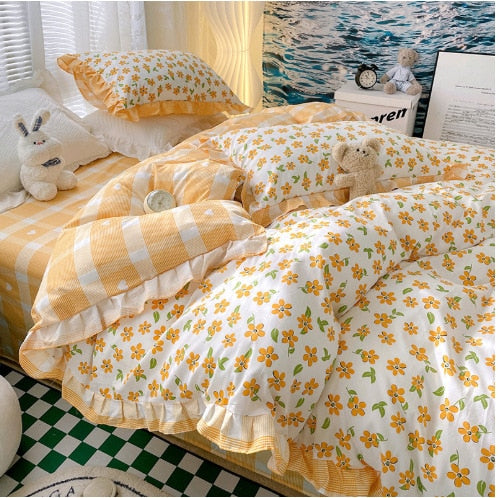 Kawaii Princess Pure Cotton Bedding Set Full Size Lovely Ruffles Single Doubel Duvet Cover Set Girls Woman Cozy Bedding Sets