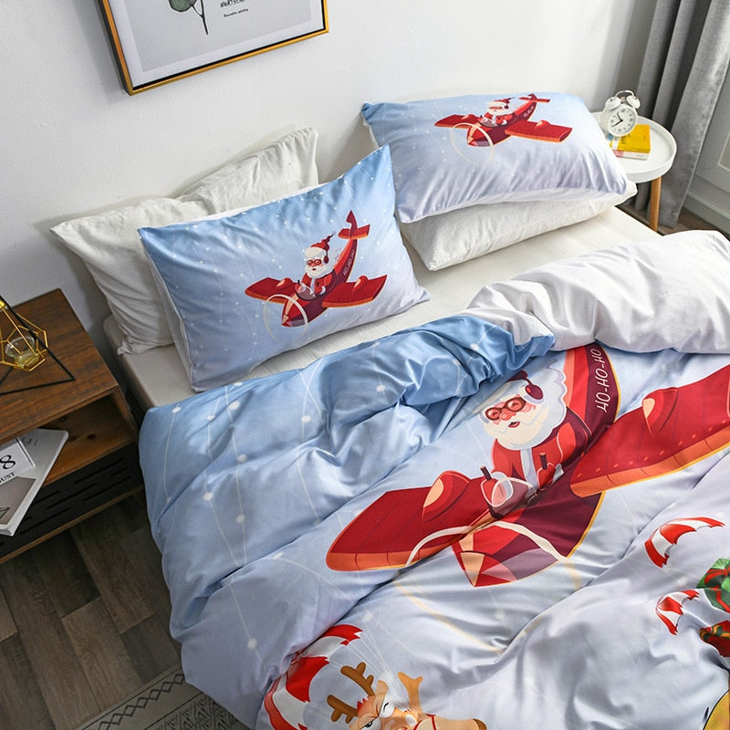 Christmas Style Queen Bedding Set Santa Claus Print Duvet Cover Set Single Double Bed Quilt Cover and Pillow Cases Bedding Sets