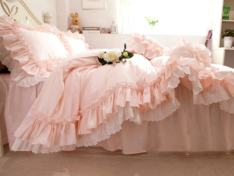 Bedding set cotton Romantic Linens Ruffle lace bedding set rose print duvet cover set princess cotton queen bedding set sheet