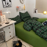 Korean ins simple green plaid quilt cover 1.5m 1.8m bed sheet four-piece set quilt pillowcase four seasons universal bedding