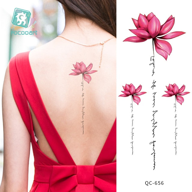 Waterproof Temporary Tattoo Sticker Hand Drawn Black and White Lotus Design Body Art Fake Tattoo Flash Tattoo Back Female Male