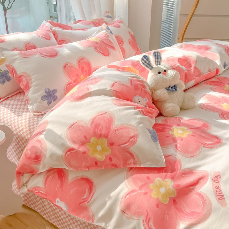 New Cartoon Foral Print Polyester Bedding Set Full Size Soft Thicken Duvet Cover Set with Flat Sheet Quilt Cover and Pillowcase