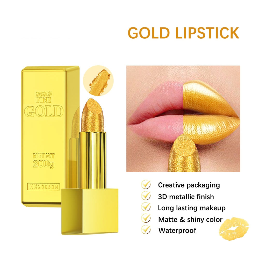 Glitter Gold Matte Lipstick Waterproof Long Lasting Diamonds Lipstick Non-stick Cup Pearl Red Pink Lip Tint Lips Makeup Cosmetic