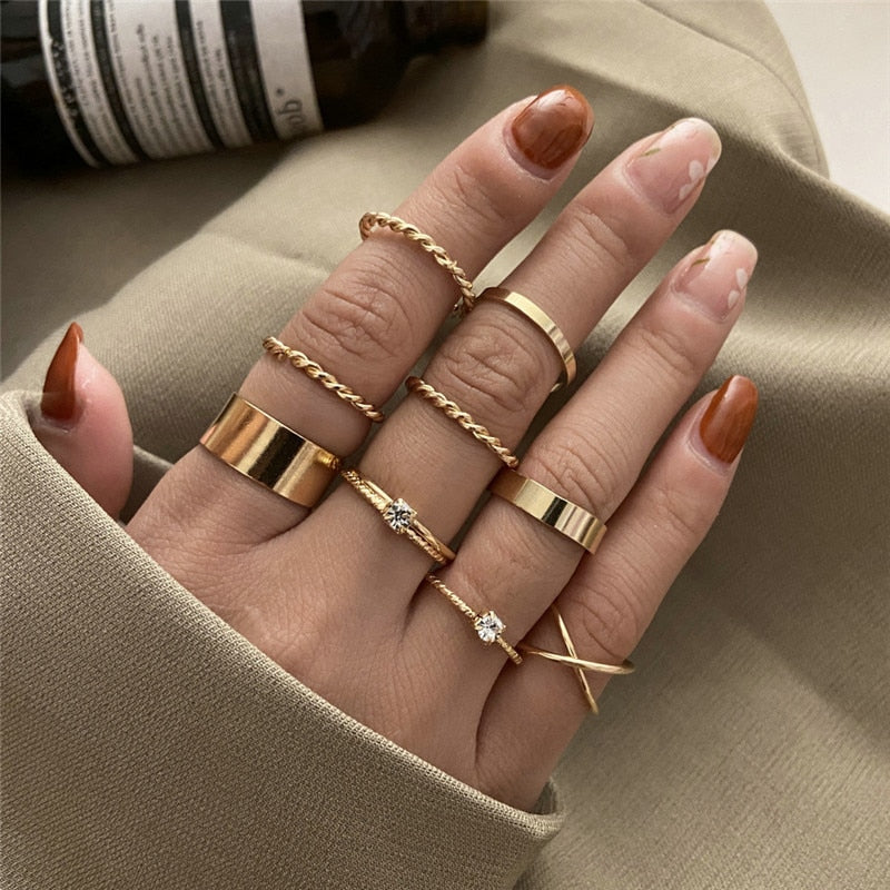 KOTiK Trendy Bohemian Midi Knuckle Ring Set For Women Gold Color Crystal Heart Flower Moon Geometric Finger Rings Jewelry Gifts