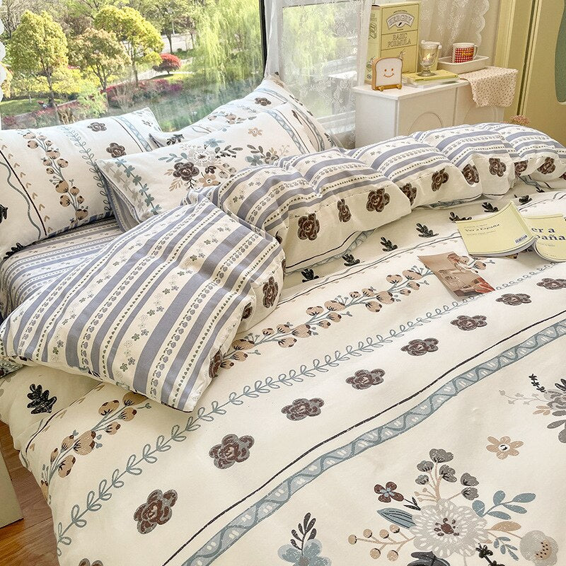 Flowering Plant Print Queen Bedding Set Cotton Soft Comfortable Duvet Cover Set with Sheets Skin Friendly Comforter Bedding Sets