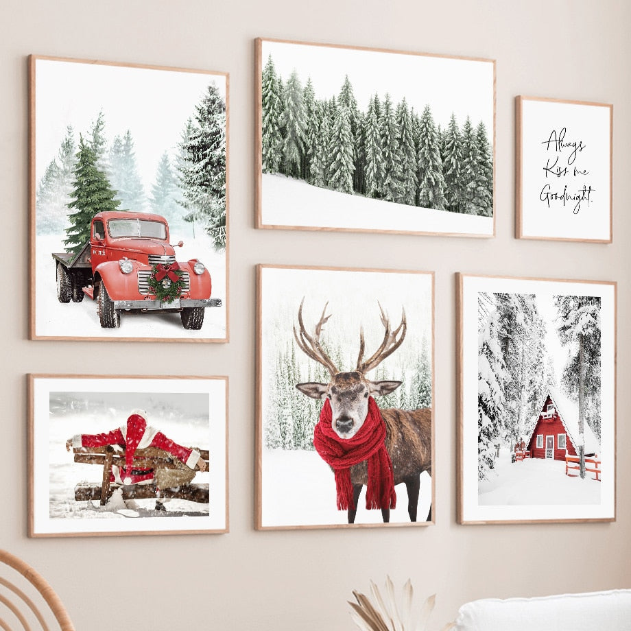 Wall Art Canvas Painting Winter Pine Tree Santa Christmas Moose Snowman Home Decor Posters Prints Wall Pictures For Living Room