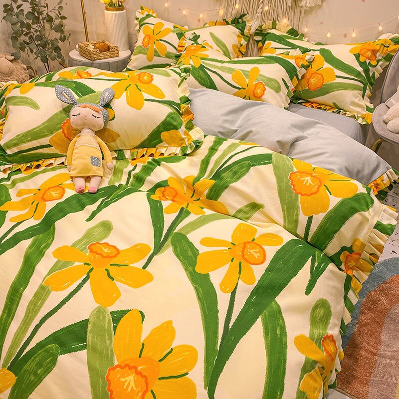 NEW Cotton 4PCS Luxury Bedding Set Ruffles Art Oil Painting Yellow Floral  Pattern Bed Sheet Quilt Cover Pillow Queen/single