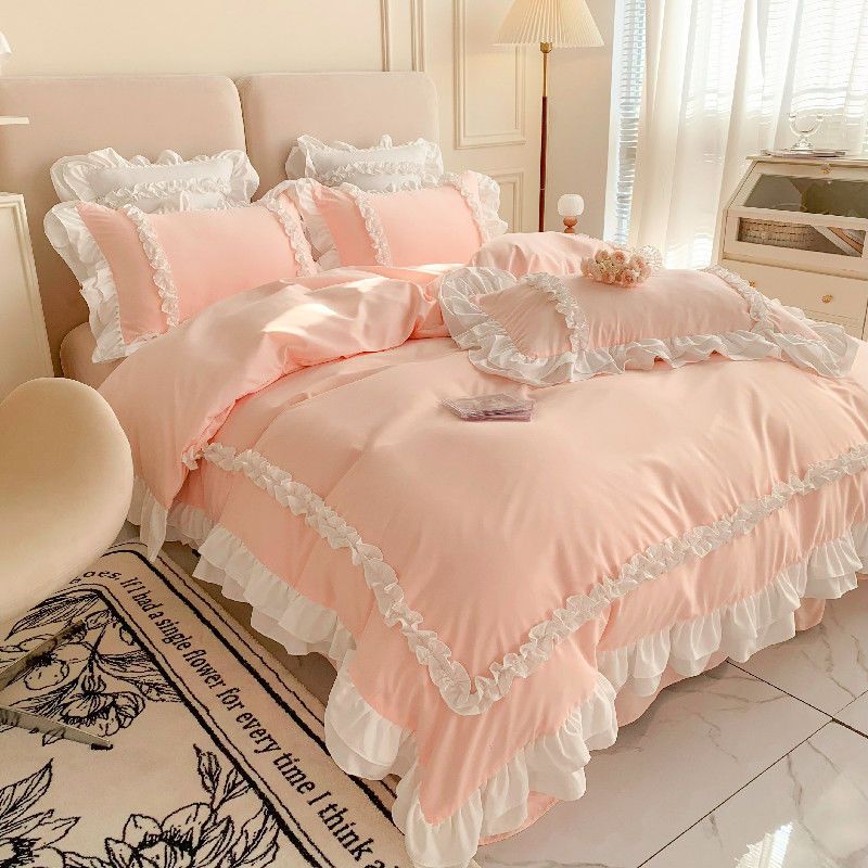 Pink Lace Bedspread Bedding Set King Size Luxury Princess Duvet Cover Bed Sheet Girls Gift Bedclothes Cotton Home Textile