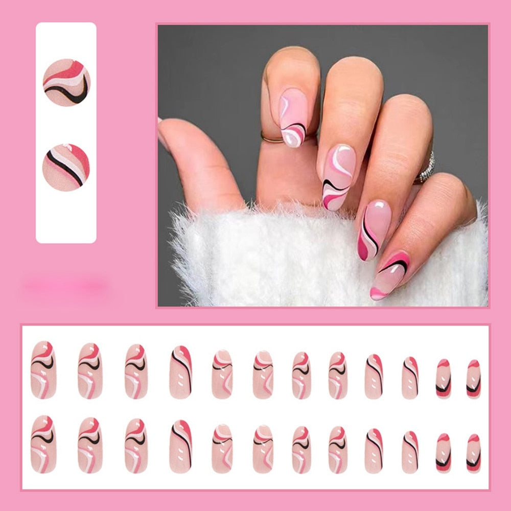 Simple French Wearable False Nails Almond Colorful Stripes Colorblock Design Manicure Fake Nails Line Full Cover Press On Nail