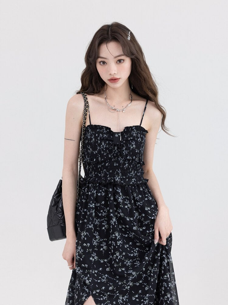 Vintage Floral Black Party Dress