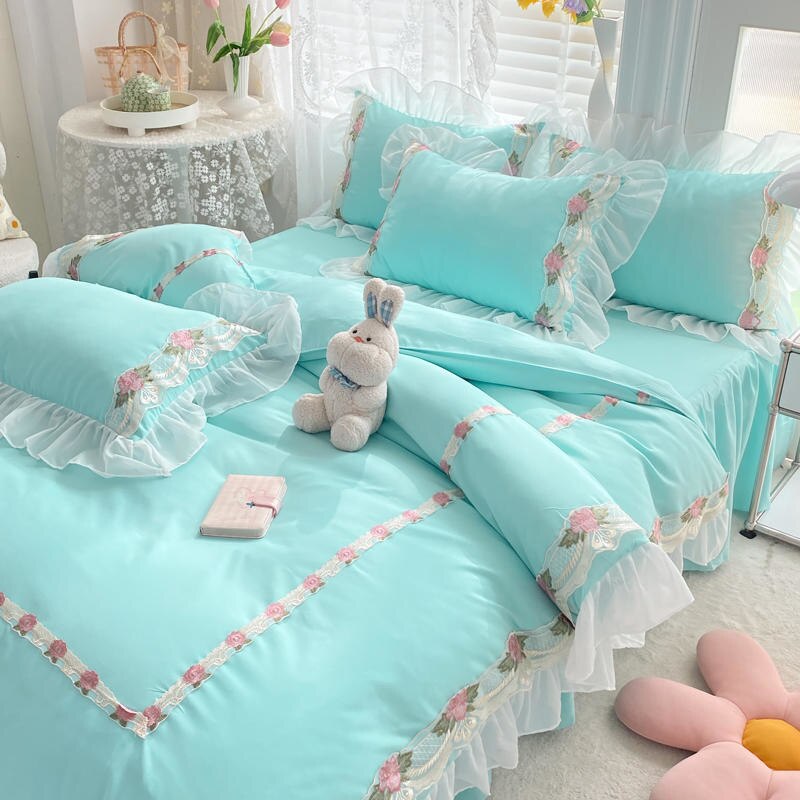 Princess Style Korean Bed Skirt Bed Sheet Embroidered Ruffle Lace Quilt Cover Ins Bedding For Girls Luxury Home Textiles