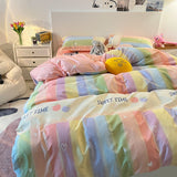 Ins Korean Rainbow Stripe Bedding Set Colorful Quilt Set 4Piece For Pink Girl Heart Simple Bed Sheet Duvet Cover Decor Home